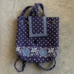 Vera Bradley Quilted Drawstring Backpack – Navy & Teal Pattern (Like New)